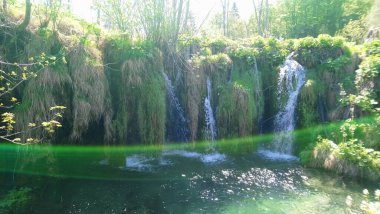 Hırvatistan. Plitvice Gölleri. Ormanın içindeki güzel şelaleler ve göller. Renkli su ve doğa. Suyun gücü