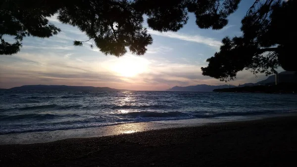 Kroatien Makarska Riviera Fantastische Aussicht Auf Den Bunten Sonnenuntergang Und — Stockfoto