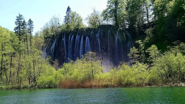 Horvátország Plitvicei Tavak Gyönyörű Vízesések Tavak Erdőben Színes Víz Természet — Stock Fotó