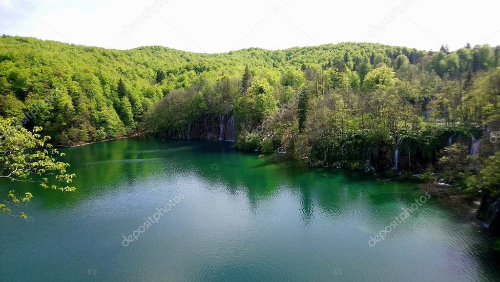 Croatia. Plitvice Lakes. beautiful lake  with mountains around. National park with fantastic nature and colors.