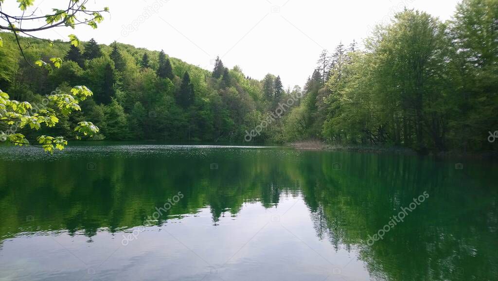 Croatia. Plitvice Lakes. beautiful lake  with mountains around. National park with fantastic nature and colors.