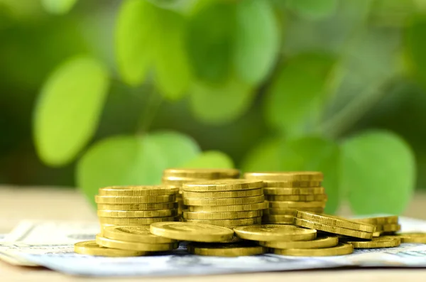 Gold coin with green environmental background. — Stock Photo, Image