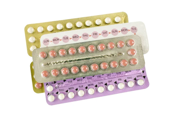 Bandes de pilule contraceptive orale sur fond blanc . — Photo