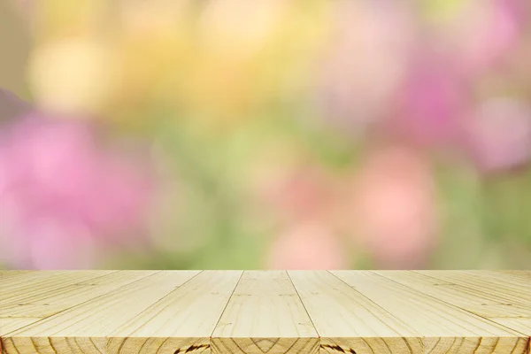 Perspektivischer Holztisch Und Abstrakter Hintergrund Mit Bokeh Pastelltönen Für Frühling — Stockfoto