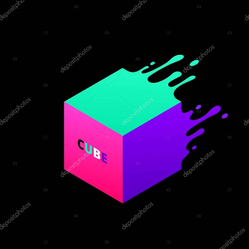 Vector illustration of abstract colored 3d cube. Abstract splash, liquid shape. Background for poster, cover, banner, placard. Logo design