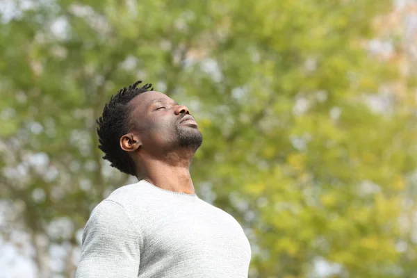 Noir Sérieux Homme Respirant Profondément Air Frais Dans Parc Une — Photo