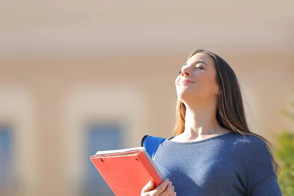 Happy Student Breathing Fresh Air Standing Outdoors University Campus Sunny — Stock Photo, Image