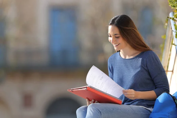 Estudante Feliz Estudando Notas Leitura Sentado Livre Campus Universitário — Fotografia de Stock