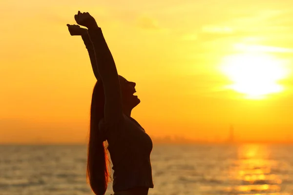 Профиль Силуэта Взволнованной Женщины Поднимающей Руки Празднующей Закат Пляже — стоковое фото