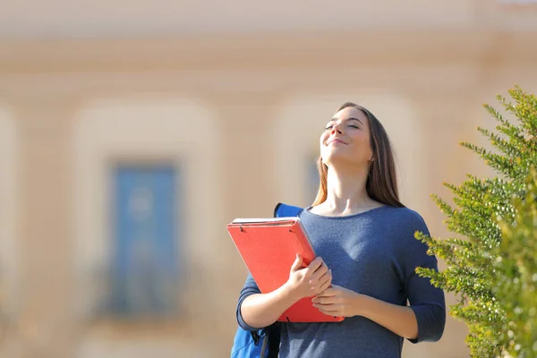 Satisfied Student Breathing Fresh Air Standing University Campus — Stock Photo, Image