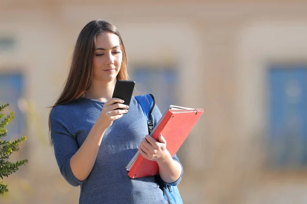 キャンパス内のスマートフォンをチェックするフォルダを保持している深刻な学生晴れた日 — ストック写真