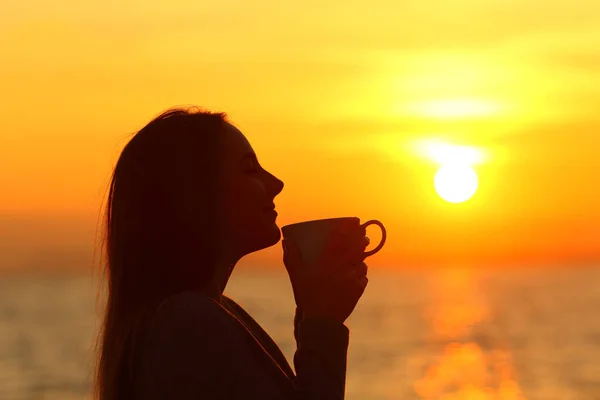 Profil Einer Frau Die Bei Sonnenuntergang Strand Einen Becher Trinkt — Stockfoto