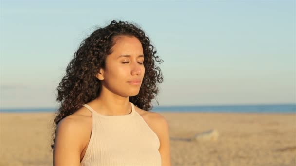 Latin Woman Breathing Deep Fresh Air Slow Motion Beach — Stock Video