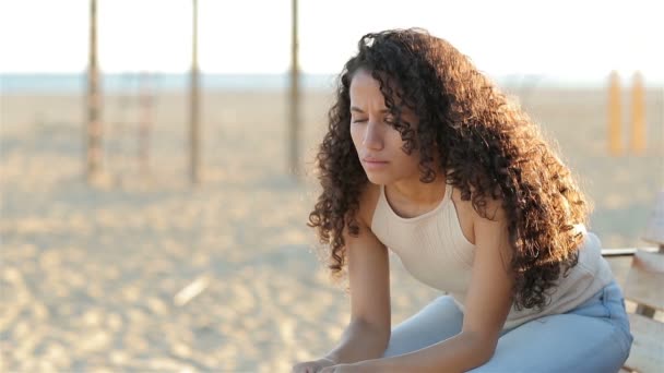 Sad Latin Woman Complaining Beach Sitting Bench Slow Motion — Stock Video