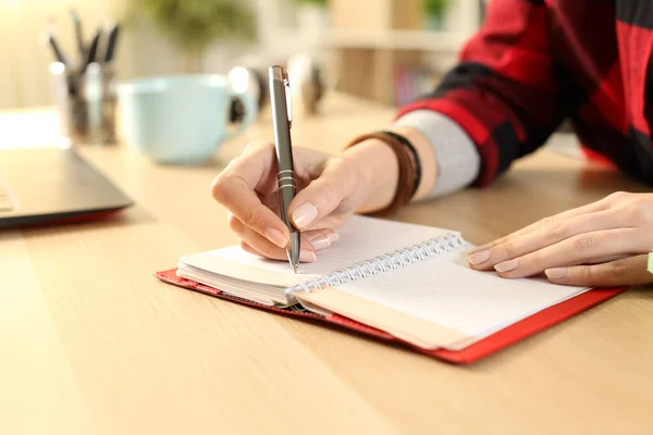 Close Student Girl Hands Writing Reminder Agenda Table Living Room — Fotografia de Stock