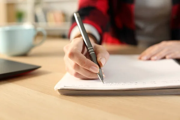Close Student Girl Hands Writing Notes Notebook Home Sitting Desk — Fotografia de Stock