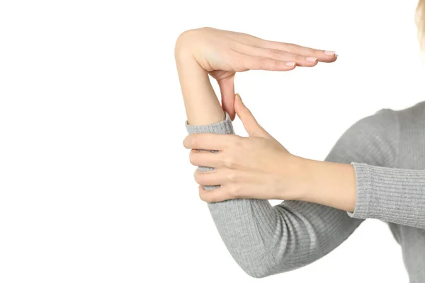 Close Hypermobile Woman Hand Bending Thumb Wrist Isolated White Background — Stock Photo, Image