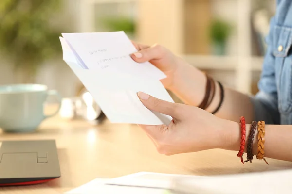 Close Student Girl Hand Putting Letter Envelope Desk Home — Stock Photo, Image