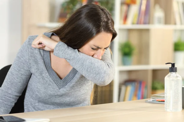 Sick Woman Coughing Elbow Due Coronavirus Sitting Desk Home — Stock Photo, Image