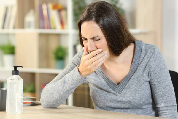 Sick Woman Coughing Home Covering Mouth Hand Sitting Desk Home — Stock Photo, Image