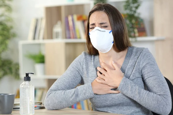 Sick Woman Coronavirus Protective Mask Suffocating Holding Chest Sitting Home — Stock Photo, Image