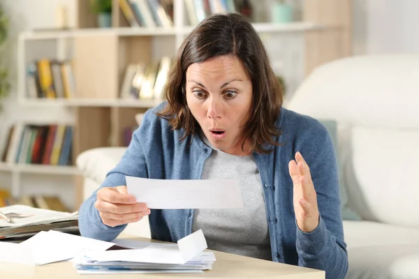 Surprised Adult Woman Checking Receipt Letters Sitting Livingroom Home — Stock Photo, Image