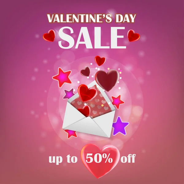 Offre spéciale, Valentine's sale, jusqu'à 50 % off, bannière de réduction rose pour site Web ou design avec étoiles, coeur rouge et enveloppe. Quelques cœurs. Illustration vectorielle — Image vectorielle