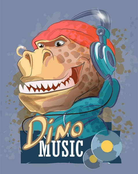 Rappeur Dinosaures Dans Casque Chapeau Tyrannosaure Typographie Slogan Cartoon Personnage — Image vectorielle