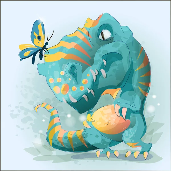 Niedliche Baby Dinosaurier Playin Mit Schmetterling Tyrannosaurier Zeichentrickfiguren Vektor Illustration — Stockvektor