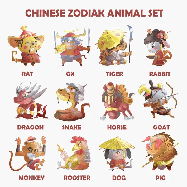 Chinesische Sternzeichen Tiere Cartoon Set Von Kaninchen Hund Affe Schwein — Stockvektor
