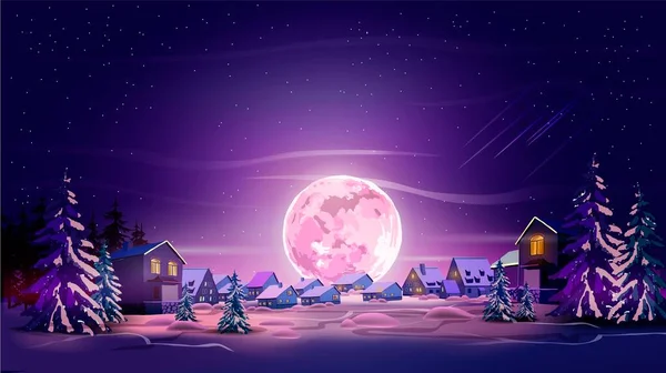 Kış şehri, ağaçlar, dağ ve ayın olduğu güzel bir gece manzarası. Mor ay, kar ve menekşe gökyüzü parlıyor. Sanatınızın peyzaj arka planı.