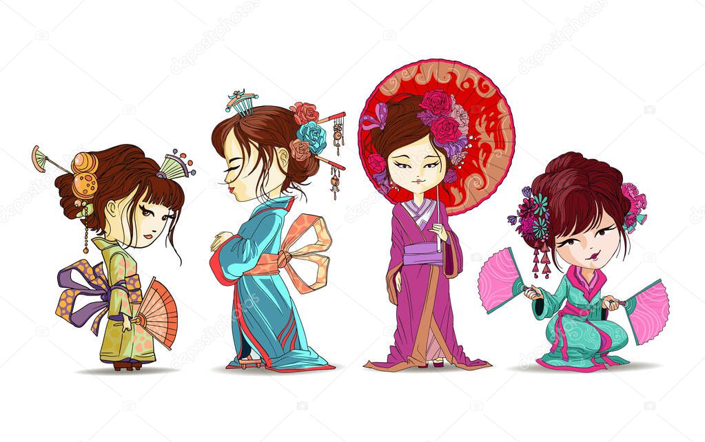 Beautifull japanese girls set stand and sit in kimono. Young Geisha with umbrella, japanese fans, old traditional kimono makeup maiko hair style shy Japanese at the festival vector illustration isolated.