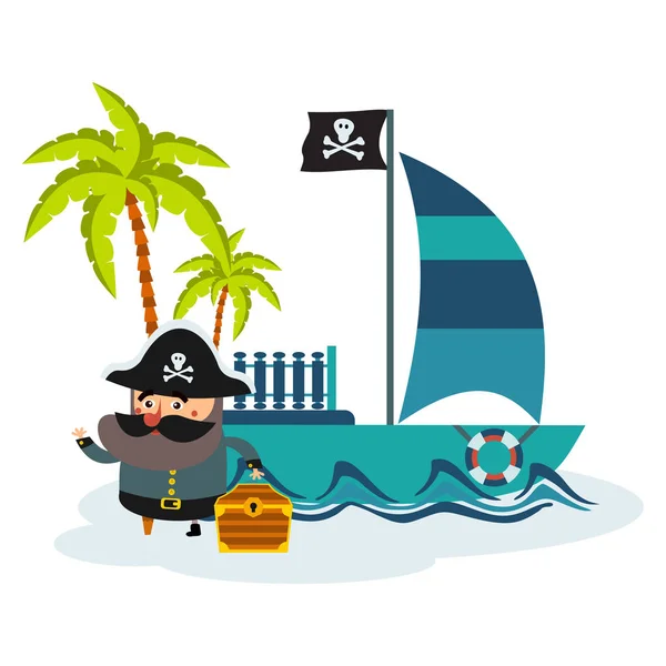 Lapos illusztrációja a kalóz és a treasure island — Stock Vector