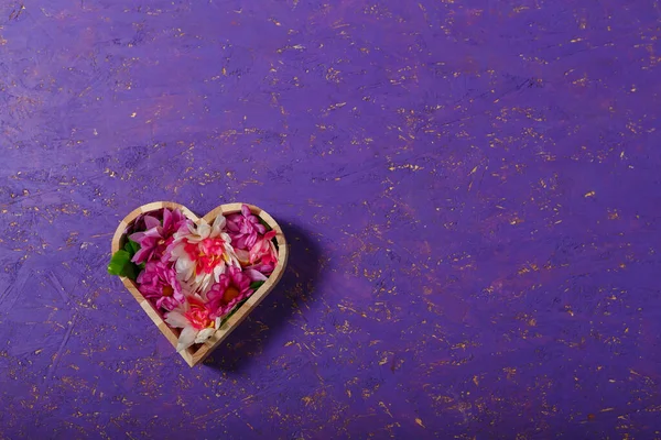 Dřevěná Krabička Tvaru Srdce Květinami Purpurově Natřeném Dřevěném Pozadí Jarní — Stock fotografie