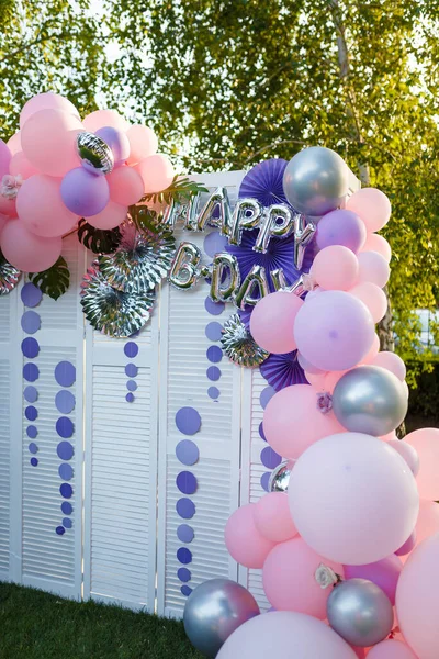 Arco Globos Rosa Púrpura Para Chica Feliz Fiesta Cumpleaños Evento — Foto de Stock