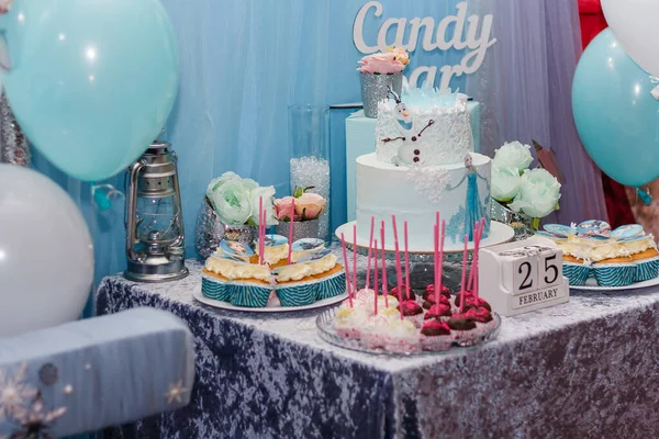 İzmail, Ukrayna - Şubat 2019. Kışın doğum günü için pasta ve kek ile süslenmiş şekerlemeler. Donmuş çizgi film karakteri tematik partisi.