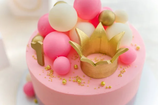 Girlish Pink Cake Baubles Golden Crown Number One Year Old — Stock Photo, Image