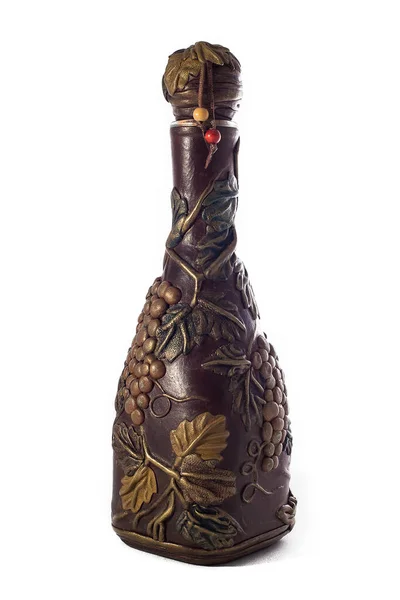 Botella Decorativa Cuero Frasco Para Bebidas Alcohólicas Sobre Fondo Blanco — Foto de Stock