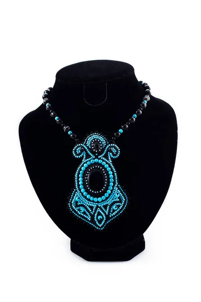 Beaded Turquoise Necklace Pendant Black Velvet Bust Isolated White Background — Stock Photo, Image