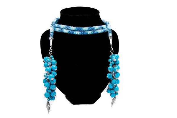 Beaded Blue Turquoise Necklace Belt Black Velvet Bust Isolated White — Stock Photo, Image