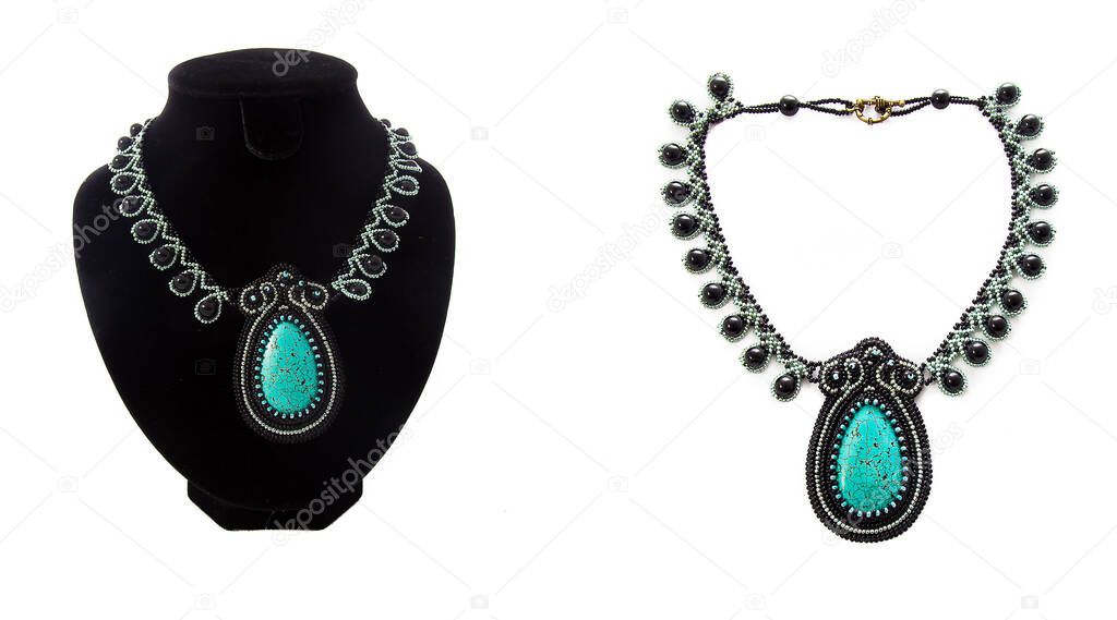 Photo collage of beaded necklace with turquoise pendant on black velvet bust and isolated on white background. Female accessories, decorative ornaments and jewelry. Fashion and style concept.