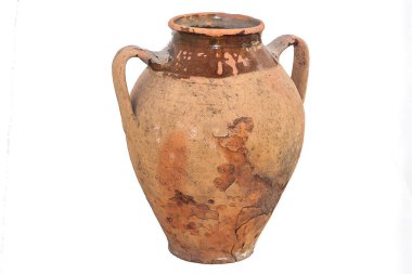 Eski, eski, kırık, seramik, siyah vazo ya da beyaz arka planda saksı.