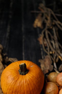 Siyah ahşap arka planda kuru sonbahar dalları olan balkabağı ve soğan. Sonbahar hasadı, sağlıklı organik gıda konsepti. Boşluğu kopyala.