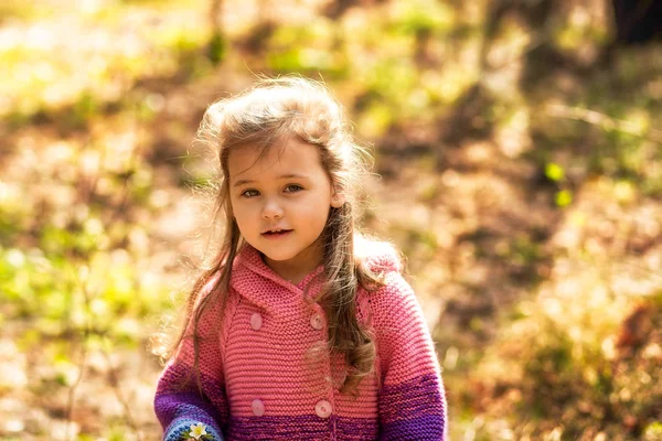 Porträtt Liten Flicka Med Långt Hår För Promenad Skogen — Stockfoto