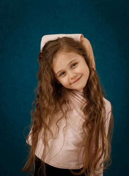 Portrait Une Belle Petite Fille Aux Cheveux Longs Sur Fond — Photo
