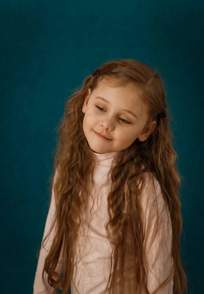 Portrait Une Petite Fille Chère Aux Cheveux Longs Sur Fond — Photo