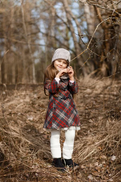 Little Cute Girl Spring Forest Pussy Willow Twigs — Stock Fotó