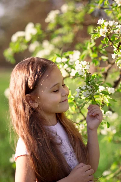 Маленька Дівчинка Довгим Волоссям Біля Квітучого Дерева Природі — стокове фото