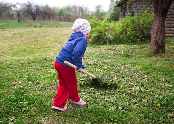 Menina Campo Com Ancinho Verão — Fotografia de Stock