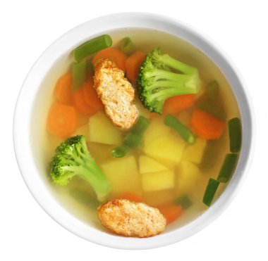 Beyaz arka planda izole edilmiş sebze çorbası. Üst görünüm